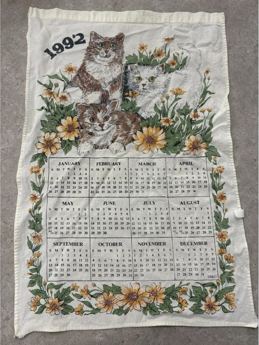 Vintage 1992 Calendar Wall Hanging Kitchen Tea Towel Cats Kittens Flowers